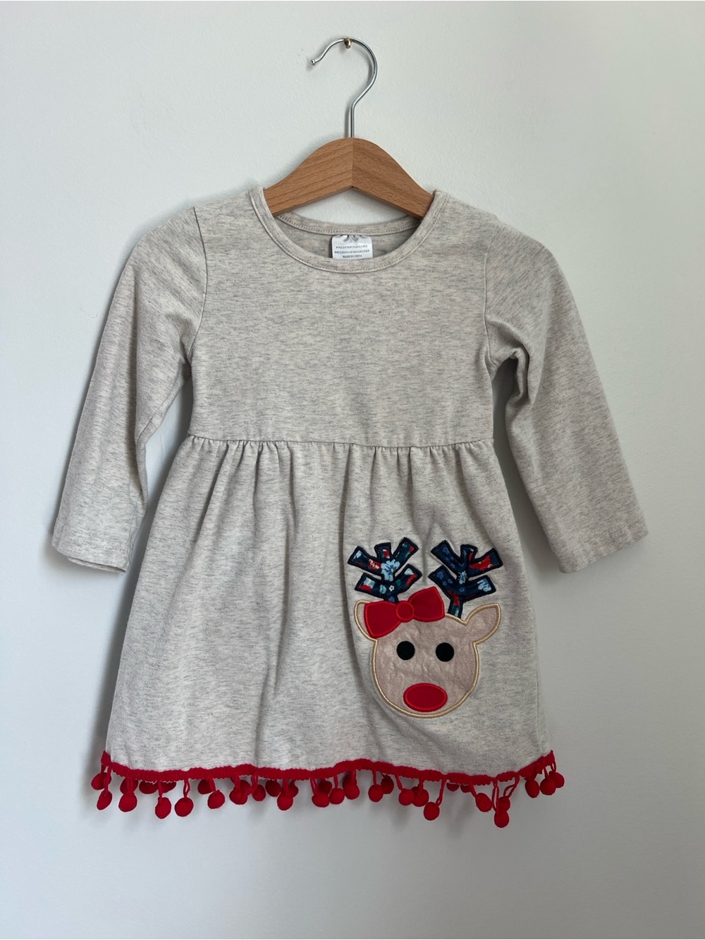 Girls' Cream Reindeer Applique Casual Holiday Dress with Red Trim Size S (2T/3T)